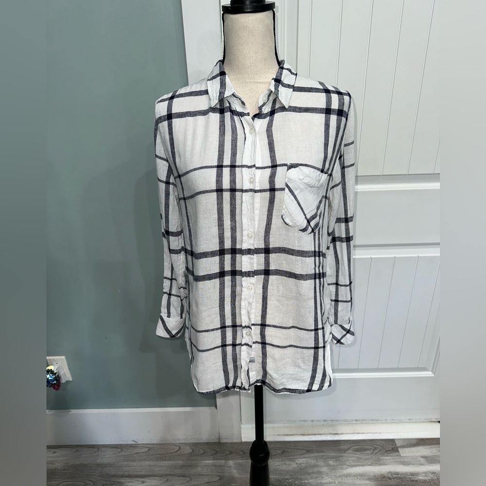 Rails Charli Linen Blend Plaid button up shirt vanilla/navy size XS - Picture 3 of 8